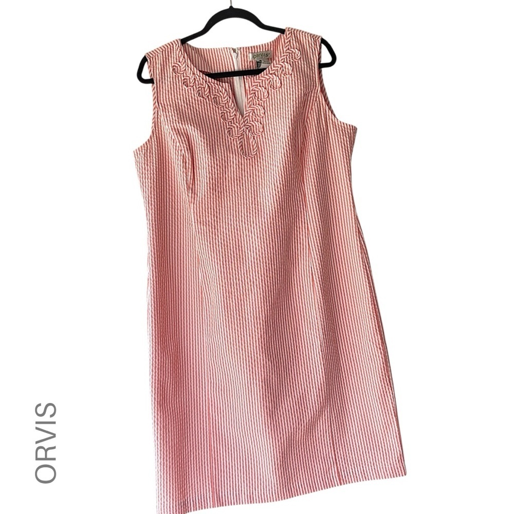 ORVIS NWOT SLEEVELESS STRIPED PINK & WHITE COTTON SEERSUCKER DRESS SLEEVELESS 16